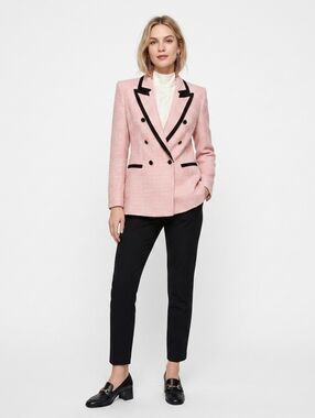 NWOT Double-Breasted Pink Tweed Blazer with Black Trim Size M